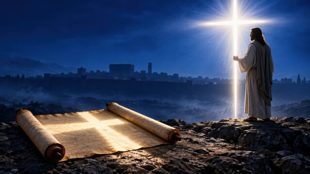 Jesus Christ standing beside a radiant cross above Jerusalem with an open scroll. Christian faith and biblical scripture. Gospel message, salvation and hope. Religious church banner