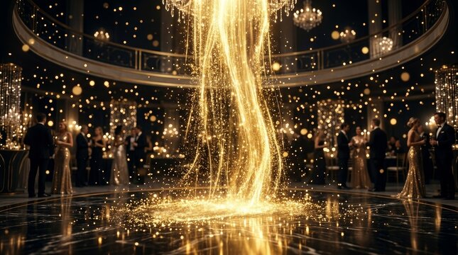 Festive golden tree with warm lights and decorations