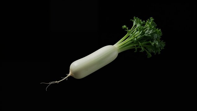 Fresh daikon radish with green leafy top against black background