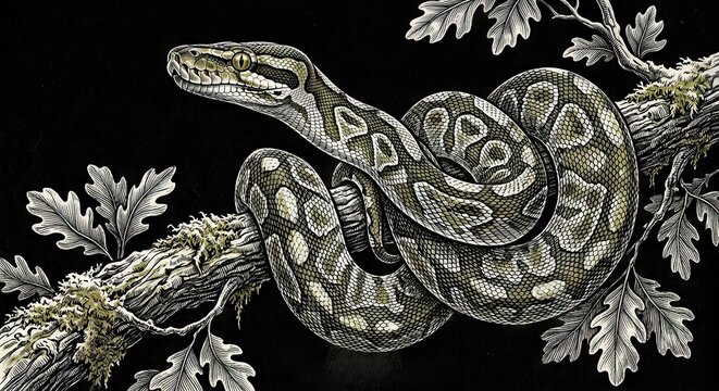 Coiled python snake on oak branch with leaves
