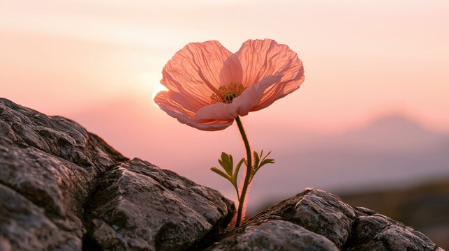 Growth of pink poppy flower blooming through rocky crack at sunset with glowing petals and distant mountains