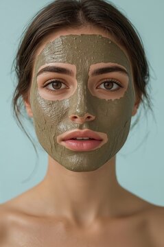 Woman wears green clay mask on face. Her eyes and lips remain uncovered. Hair is pulled back, soft strands frame her face. She gazes directly at camera with calm expression