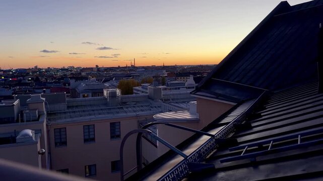 Helsinki Rooftops and Orange Sunset Sky Seen from Kallio