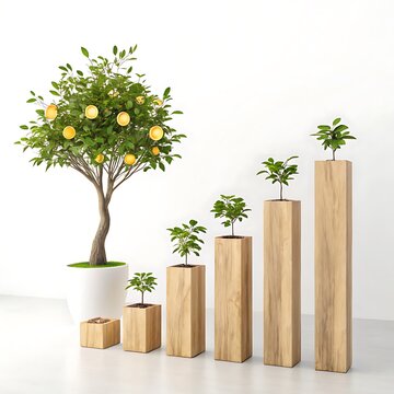 Miniature orange tree growing on wooden bar chart planters with potted plants