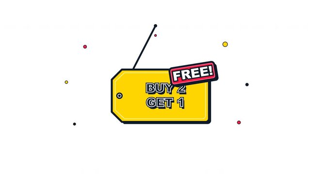 Buy two get one free yellow sale tag animation on white background