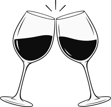 Minimalist line art of two wine glasses clinking together, vector illustration