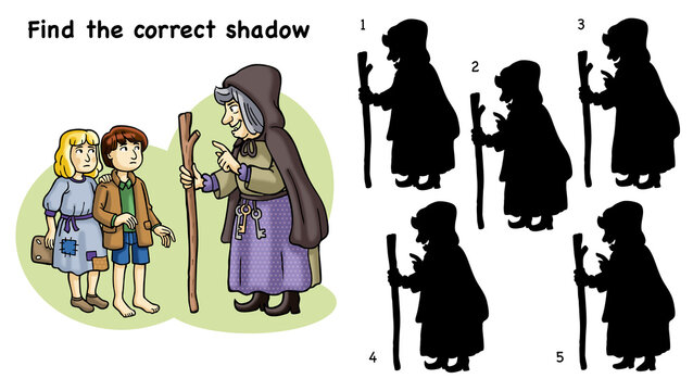 Hansel and Gretel with old witch. Find the correct shadow. Fairy tale illustration.