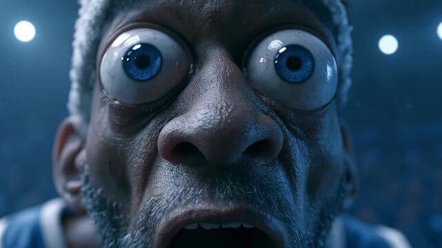 Astonished basketball player reacting with exaggerated bulging eyes and an open mouth inside a stadium, watching an unbelievable game moment unfold under dramatic arena lighting