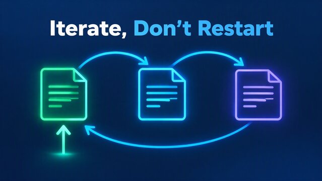 Neon style illustration of document iteration with arrows and motivational phrase