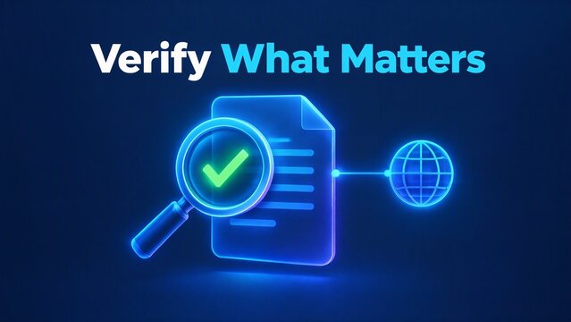 Neon magnifying glass with check mark over digital document and globe