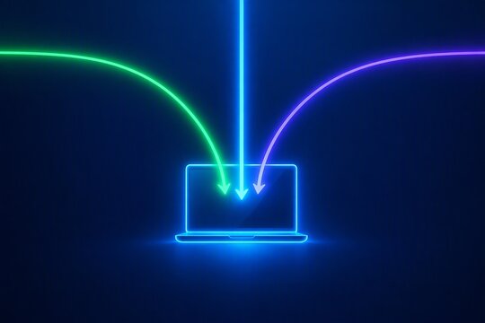 Neon glowing arrows pointing towards a laptop on a dark blue background