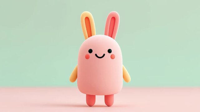 Pink bunny cartoon character jumping, hopping, and dancing joyfully in place, smiling against a soft two tone pastel studio background in a cute 3d animated loop