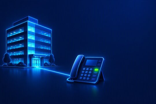 Digital illustration of office building connected to desk telephone with neon blue lighting