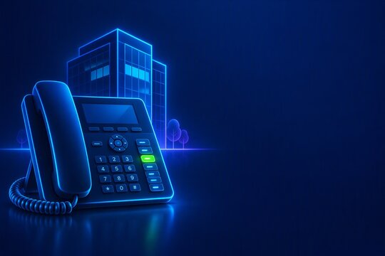 Neon glowing office telephone in front of illuminated modern office building at night