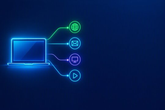 Neon glowing laptop computer with connected internet, email, monitor, and play icons on dark blue background