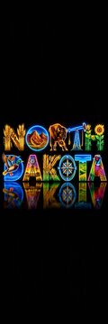 Colorful neon illustration of North Dakota icons with animals, landscapes, and symbols