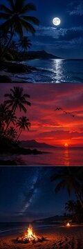 Tropical beach scenes with palm trees, mountains, ocean, sunset, full moon, bonfires, and night sky
