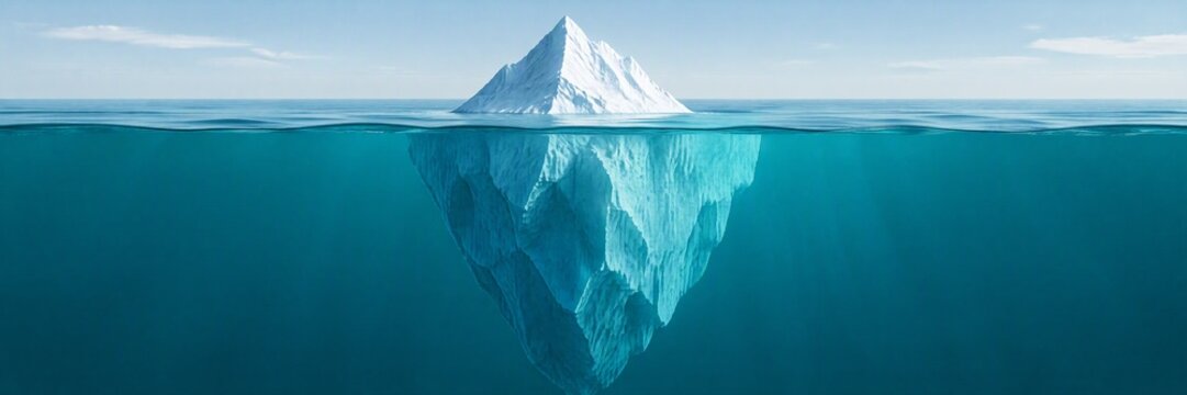 Large iceberg floating in the open sea with most of its mass submerged underwater