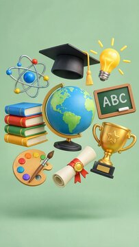 Collection of floating educational and academic symbols on green background
