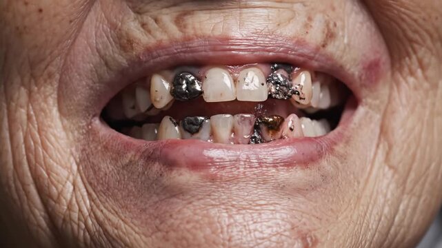 Close-up of elderly person's open mouth with decayed teeth