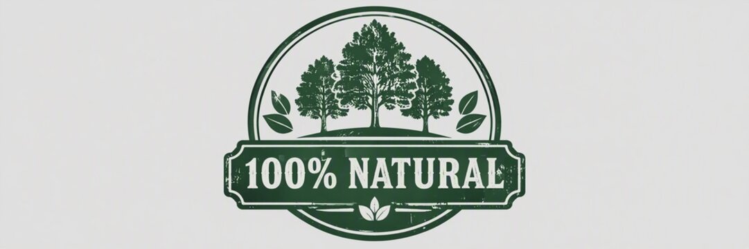 Green vintage style 100 percent natural product label with trees and leaves