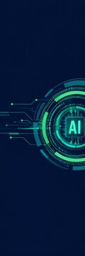 Futuristic digital circuit interface with AI text at center on dark background