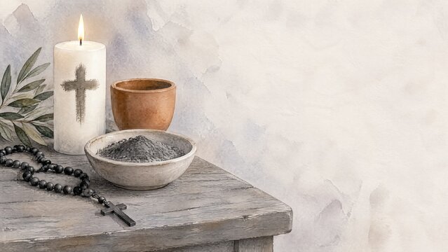 Lit candle with cross, bowl of ashes, rosary, and clay cup on wooden surface