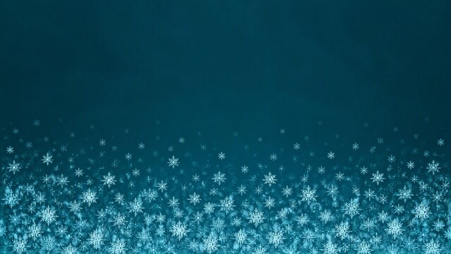 Blue background with white snowflakes falling and scattered at the bottom