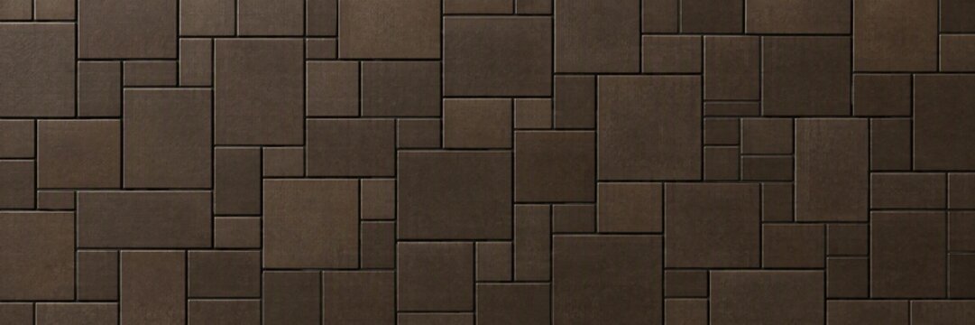 Close up of interlocking brown rectangular and square tile wall pattern