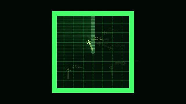 Air traffic control radar screen showing plane flight paths a green aviation display tracking multiple aircraft navigation monitor