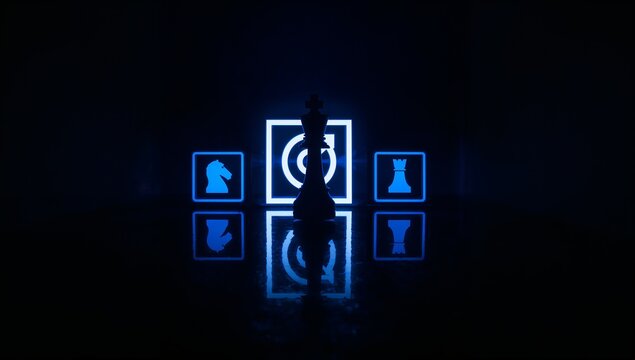 Futuristic Neon Chess King Piece Strategy for Digital Business Planning