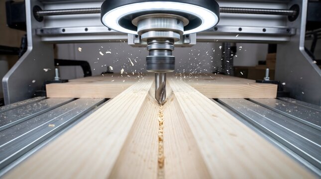 CNC router machine cutting deep groove in pine wood board