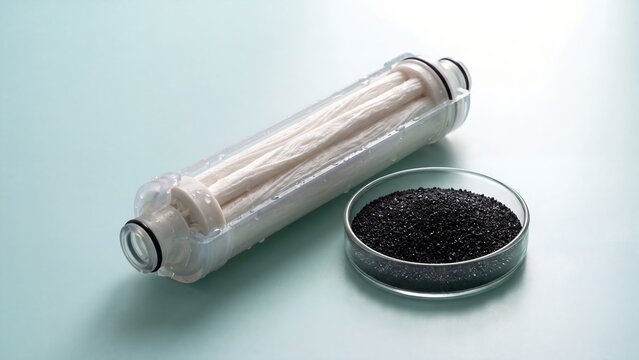 Clear hollow fibre membrane water filter cartridge beside a petri dish of activated carbon granules, supporting water purifying, drinking water filtering and clean water