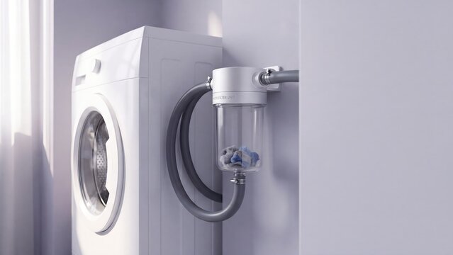 Clear inline micro filter unit fitted to a washing machine drain hose trapping grey and blue lint, supporting microplastic capture, laundry filtering and cleaner wastewater