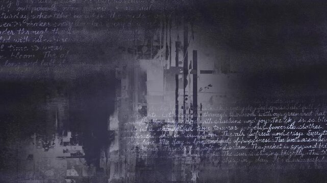 An abstract, dark, gloomy background with blocks of handwritten text in neat, small handwriting, a looping background for the base.