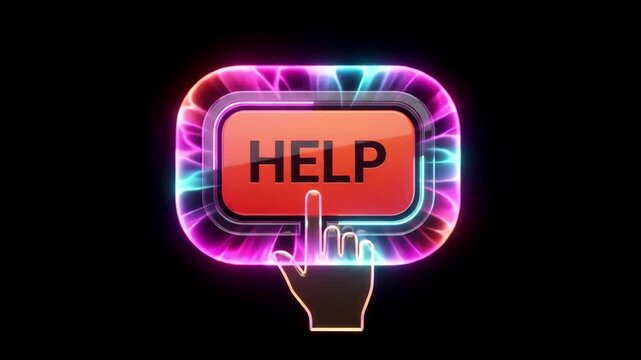 Modern Glassmorphism Neon Help Button Press Animation for Digital Customer Support and UI Website Interface Design