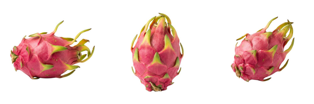 Three pink dragon fruits with green leafy scales arranged horizontally isolated on a transparent background