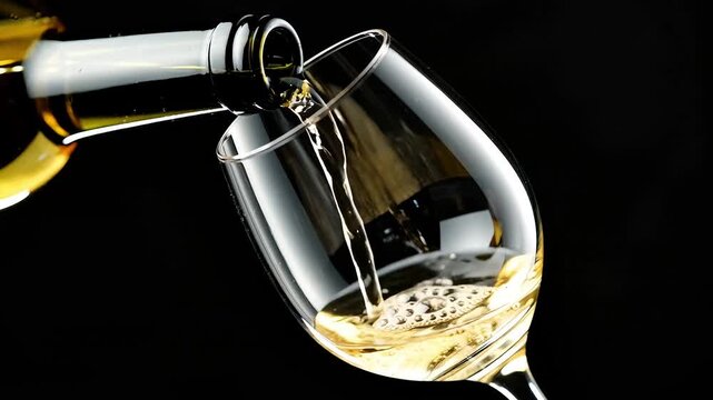 White wine pouring smoothly from bottle into clear glass on black background