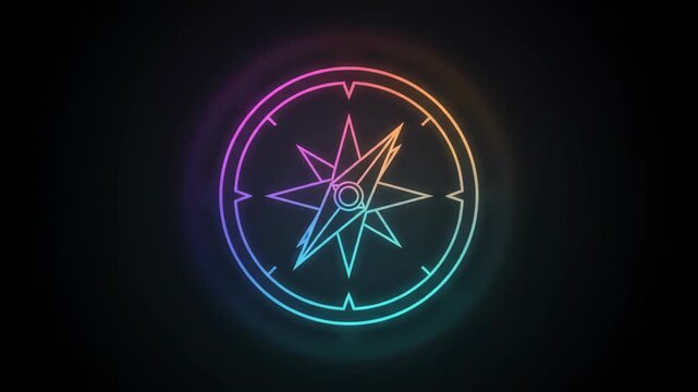 Neon Outline Compass Rose Navigation Motion Graphics Element. Digital map direction indicator and nautical symbol on black background for travel and technology projects.