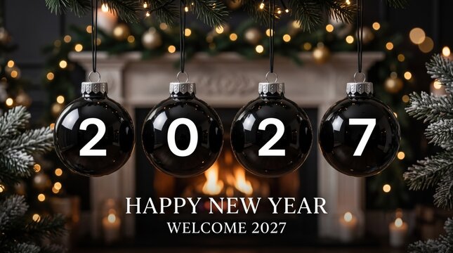 Four black christmas baubles hanging with the numbers 2027 for a happy new year celebration
