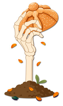 Mano de esqueleto con un pan de muerto referente al d&iacute;a de muertos