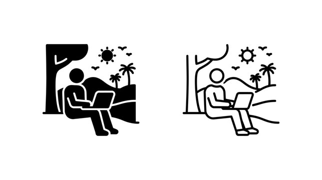 Remote worker with laptop under tree icon computer freelance mountain