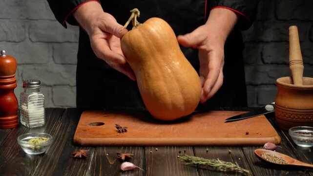 Hands rotating a whole butternut squash from upright to horizontal on a wooden cutting board in a rustic kitchen with spices and cooking utensils