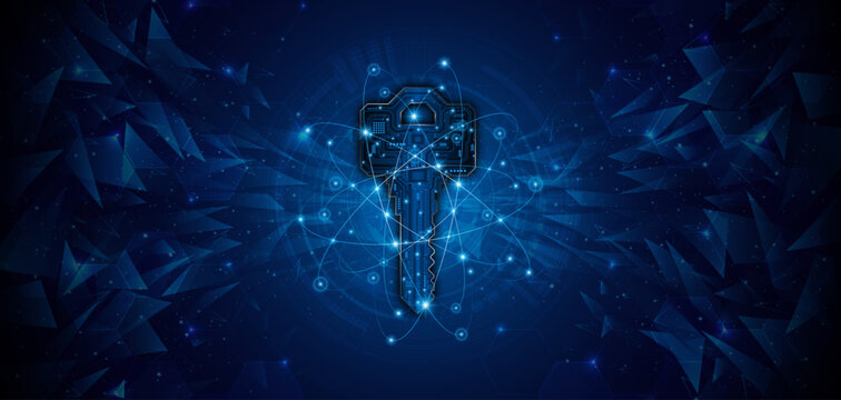 Digital key on a futuristic circuit board background. Symbolizes cybersecurity, data encryption, and advanced network protection systems.