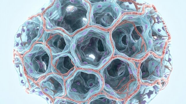 microscopic model of interconnected alveolar air sacs with thin folded septa, fine capillary networks, delicate epithelial linings