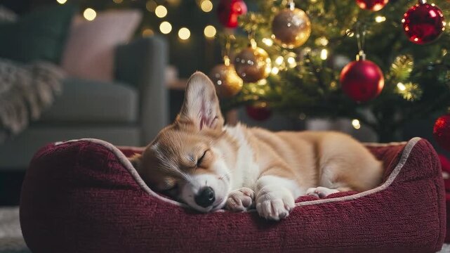 Puppy sleeping peacefully in a burgundy pet bed beside a decorated Christmas tree with glowing lights and colorful ornaments in a cozy living room, for Christmas background videos, playlist visuals
