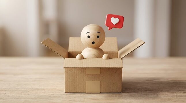 Cute wooden character peeking out of a cardboard delivery box with a like heart icon