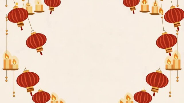 Red hanging chinese lanterns and candle decorations on a pale background. festive border with gentle sway for lunar new year celebration.