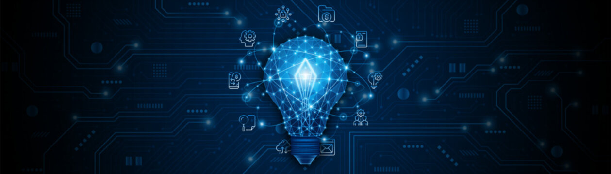 An innovative and creative light bulb concept incorporating advanced smart digital technology. A futuristic light bulb with integrated circuits and data connectivity for business applications.