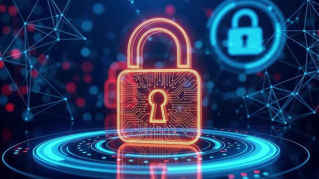 Digital cybersecurity padlock icon flying into keyhole